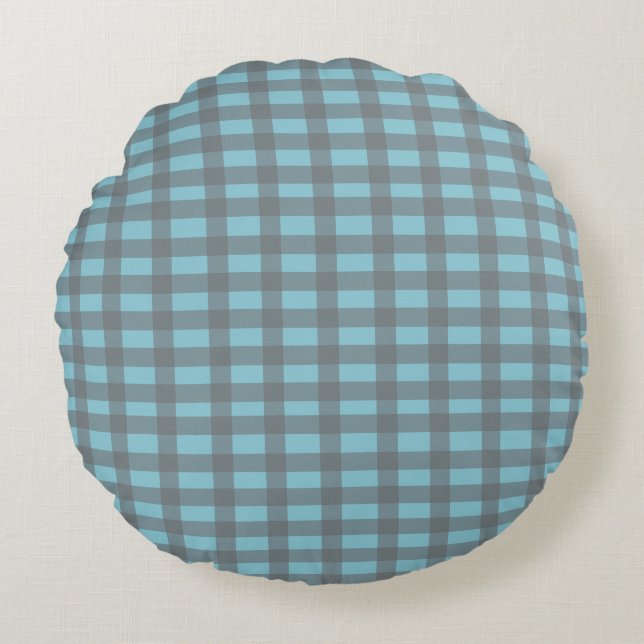 Gingham Blauw  Rond Kussen (Voorkant)