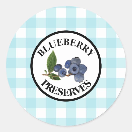 Gingham blauwe bosbesjam ronde sticker (Voorkant)