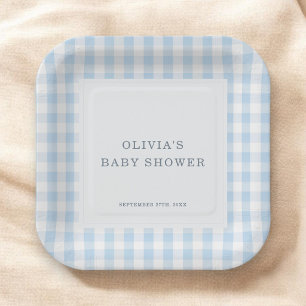 Gingham Blauwe Jongens Baby Shower Feest Papieren Bordje