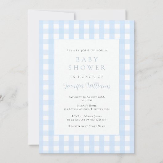 Gingham Blauwe Jongens Baby Shower Uitnodiging (Voorkant)