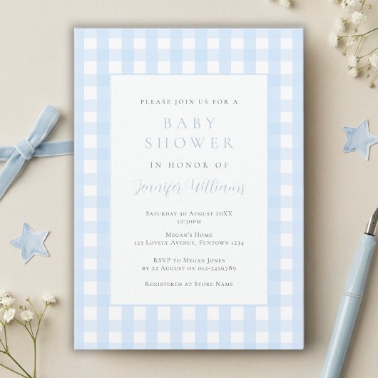 Gingham Blauwe Jongens Baby Shower Uitnodiging