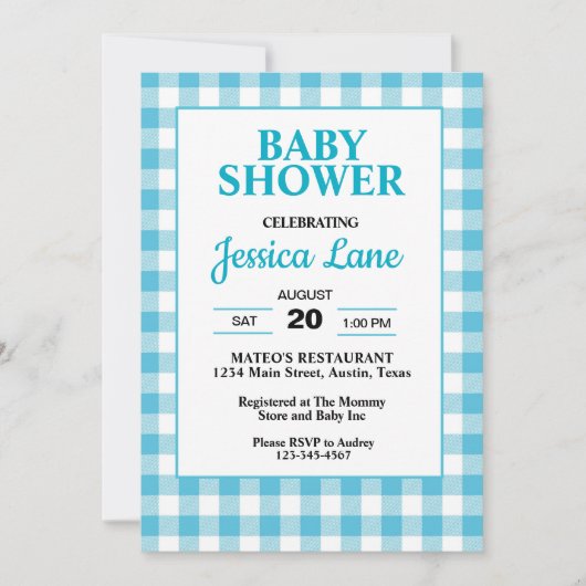 Gingham blauwe ruit baby shower uitnodiging (Voorkant)