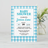 Gingham blauwe ruit baby shower uitnodiging (Staand voorkant)