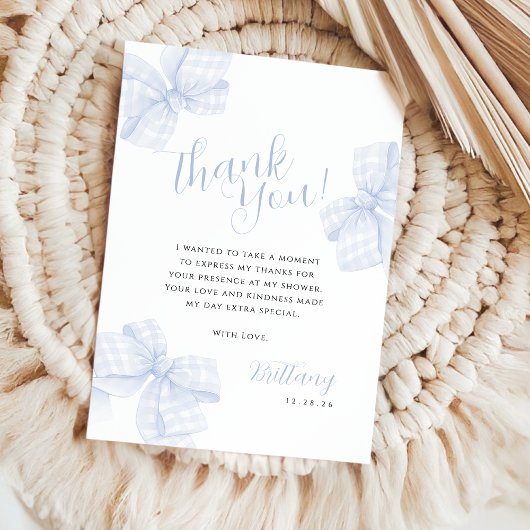Gingham Blauwe Strik Baby Shower Bedankkaart
