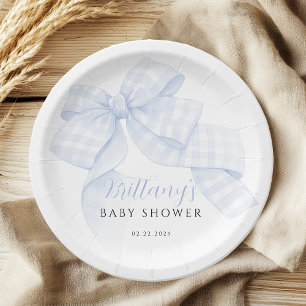 Gingham Blauwe Strik Baby Shower Papieren Borden Bordje