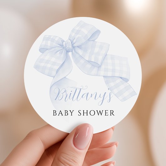 Gingham Blauwe Strik Baby Shower Stickers