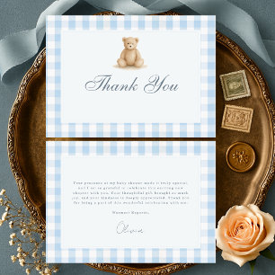 Gingham blauwe teddybeer jongens baby shower bedankkaart