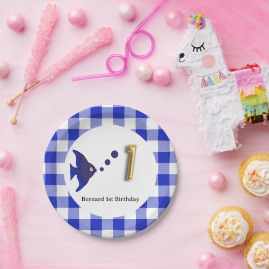 Gingham, blauwe vis & ballon 1e verjaardag papieren bordje (Feest)