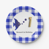 Gingham, blauwe vis & ballon 1e verjaardag papieren bordje (Voorkant)