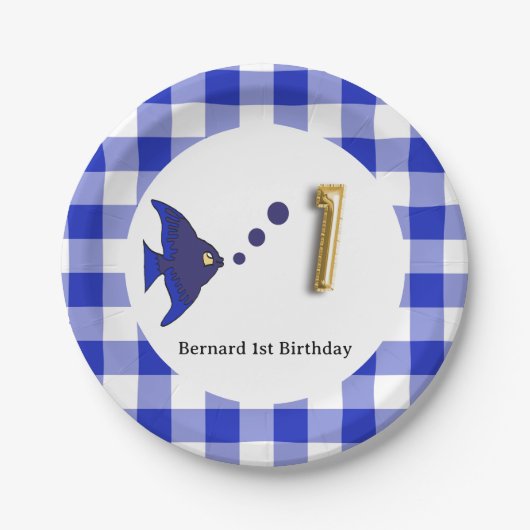 Gingham, blauwe vis & ballon 1e verjaardag papieren bordje (Voorkant)