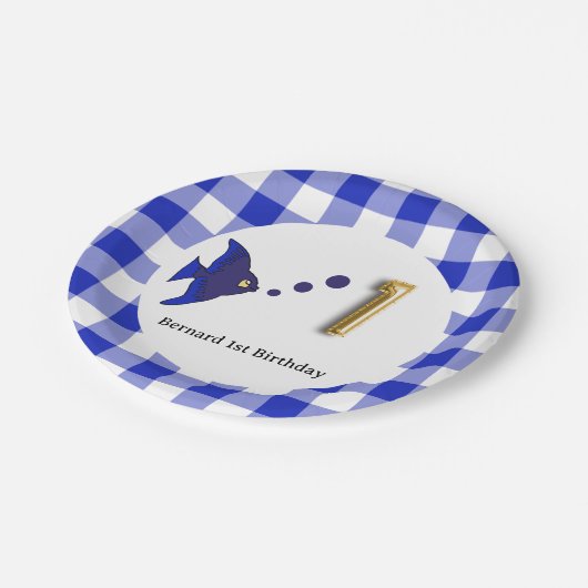 Gingham, blauwe vis & ballon 1e verjaardag papieren bordje (Gekanteld)