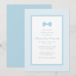 Gingham blauwe vlinderdas baby shower kaart