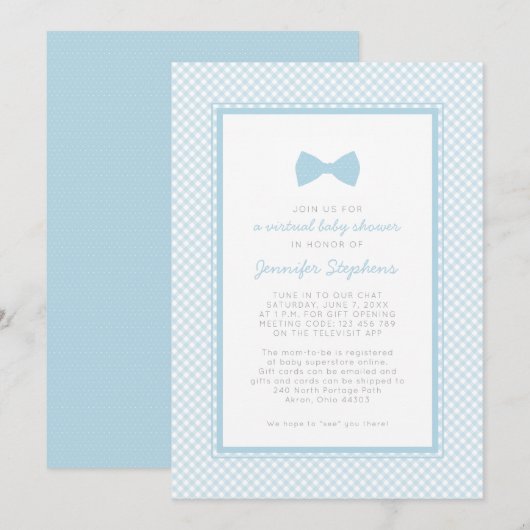 Gingham blauwe vlinderdas virtuele babyshower kaart (Voorkant / Achterkant)