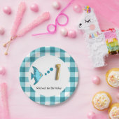 Gingham, Blauwgroen Blauwe Vis & Ballon 1e Verjaar Papieren Bordje (Feest)