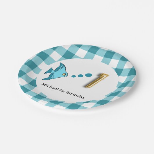 Gingham, Blauwgroen Blauwe Vis & Ballon 1e Verjaar Papieren Bordje (Gekanteld)