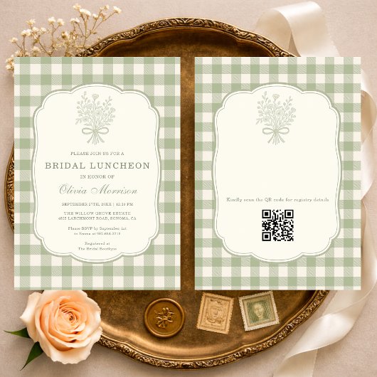 Gingham Bloemenboog Bruiloft Luncheon QR Code Kaart