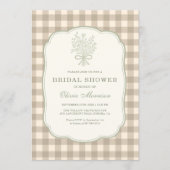 Gingham Bloemenslinger Beige Ivoor Bruidsuitnodigi Kaart (Voorkant)