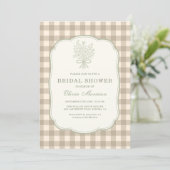 Gingham Bloemenslinger Beige Ivoor Bruidsuitnodigi Kaart (Staand voorkant)