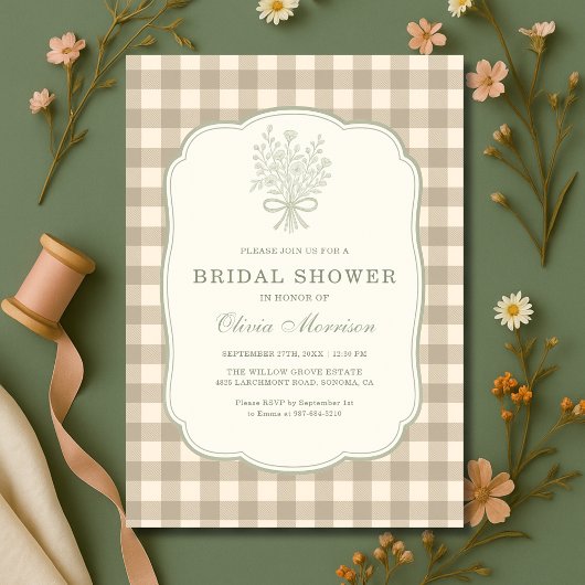 Gingham Bloemenslinger Beige Ivoor Bruidsuitnodigi Kaart