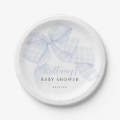 Gingham Blue Bow Baby Shower Paper Plates Papieren Bordje (Voorkant)
