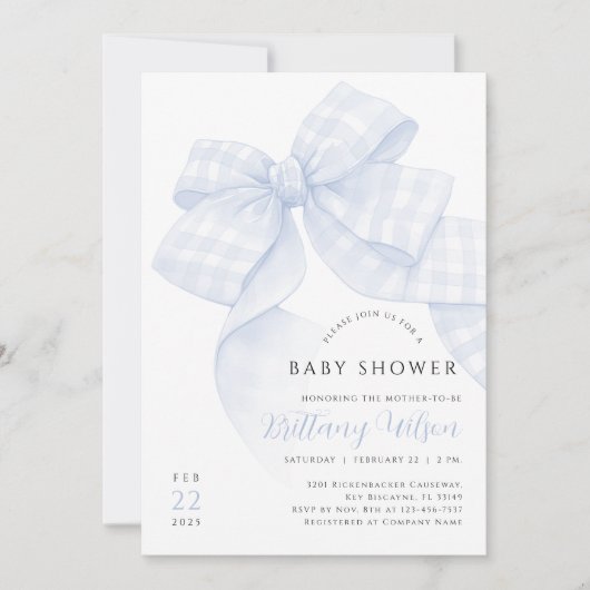 Gingham Blue Bow Baby shower Uitnodiging (Voorkant)
