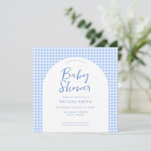 Gingham Blue Checkered Plaid-Baby shower Kaart (Staand voorkant)