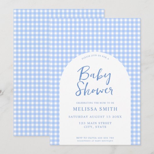 Gingham Blue Checkered Plaid-Baby shower Kaart (Voorkant / Achterkant)