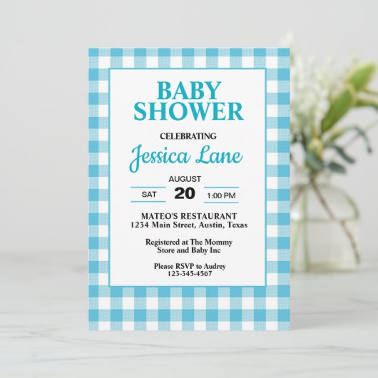 Gingham Blue Plaid Baby shower Invitation Kaart (Staand voorkant)