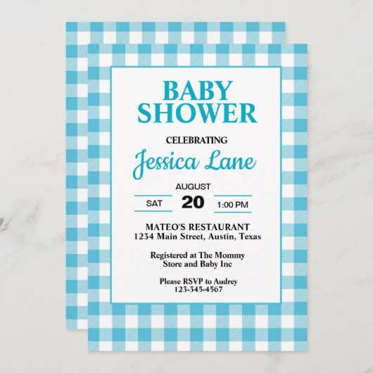 Gingham Blue Plaid Baby shower Invitation Kaart (Voorkant / Achterkant)
