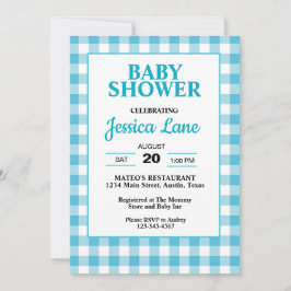 Gingham Blue Plaid Baby shower Invitation Kaart