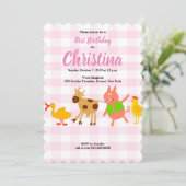 Gingham Boerderij Animal Baby eerste verjaardagsui Kaart (Staand voorkant)