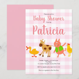 Gingham Boerderij Animal Baby Girl Shower Kaart
