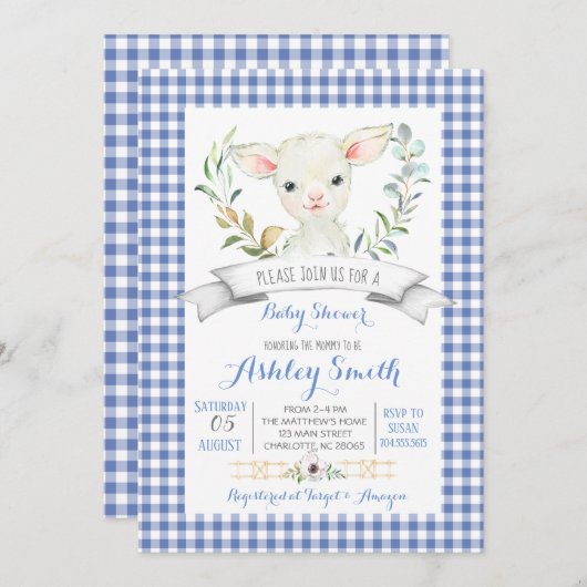 Gingham boerderij schaap baby shower uitnodiging (Voorkant / Achterkant)