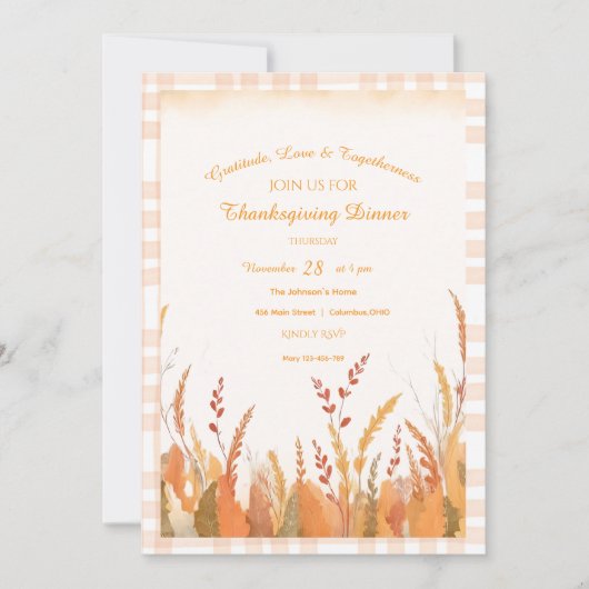 Gingham Boho Pampas Grass Rustic Thanksgiving Kaart (Voorkant)