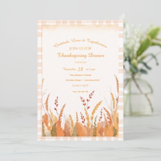 Gingham Boho Pampas Grass Rustic Thanksgiving Kaart (Staand voorkant)
