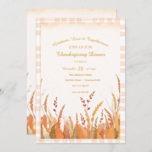 Gingham Boho Pampas Grass Rustic Thanksgiving Kaart (Voorkant / Achterkant)