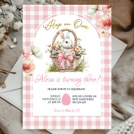 Gingham Boho Pink Bow Floral Easter Bunny Birthday Kaart