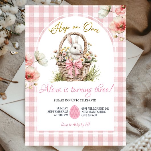 Gingham Boho Pink Bow Floral Easter Bunny Birthday Kaart