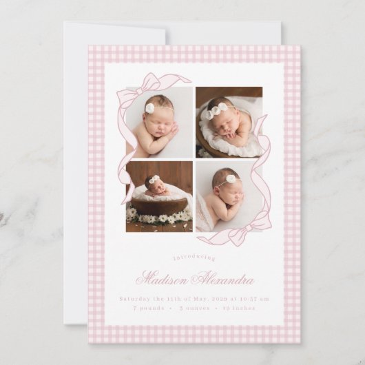 Gingham Bow 4 Frame Photo Birth Announcement Aankondiging (Voorkant)