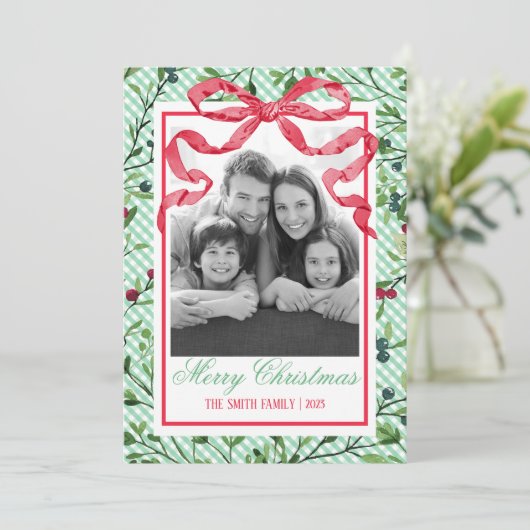 Gingham Bow Botanische Kerstmis Kaart (Staand voorkant)