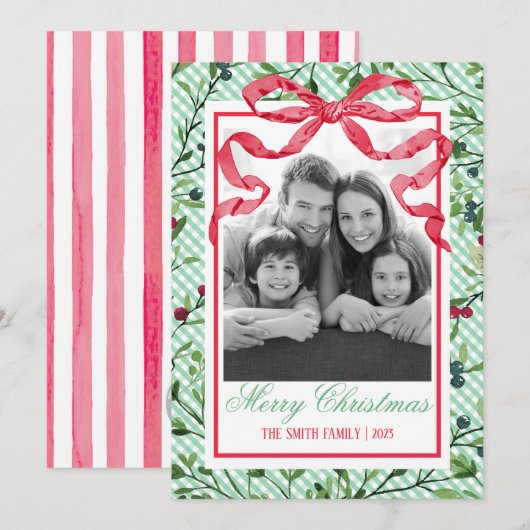 Gingham Bow Botanische Kerstmis Kaart (Voorkant / Achterkant)