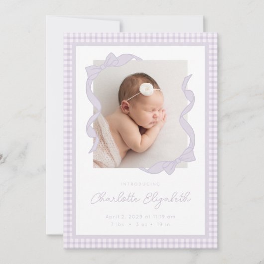 Gingham Bow Photo Birth Announcement Aankondiging (Voorkant)