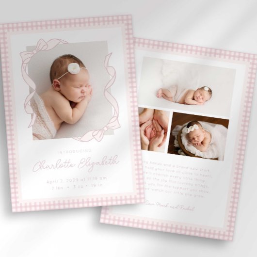 Gingham Bow Photo Birth Announcement Aankondiging
