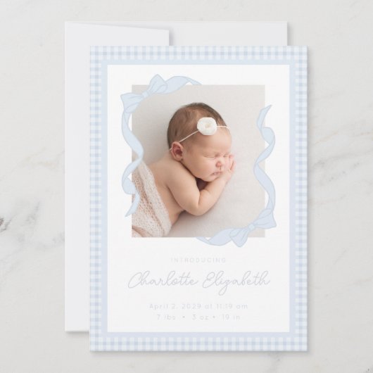 Gingham Bow Photo Birth Announcement Aankondiging (Voorkant)