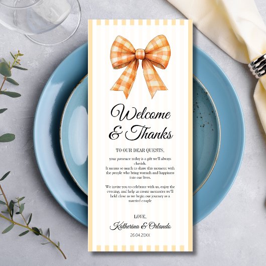 Gingham Bow Wedding Place Setting Thank You Card Programmakaart