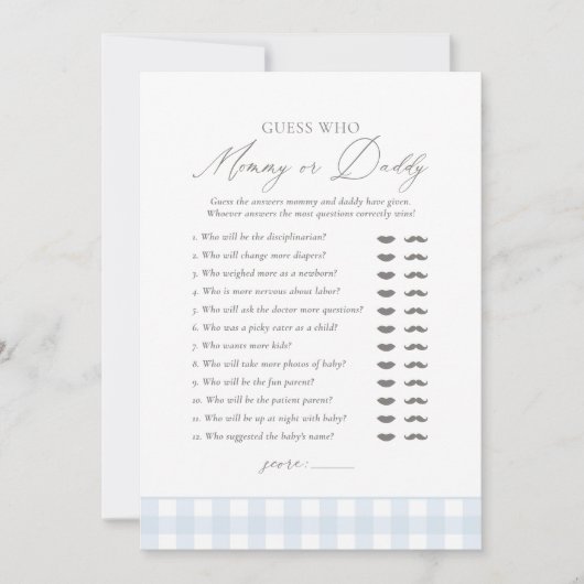 Gingham Boy Baby shower Raad wie mama of papa Kaart (Voorkant)