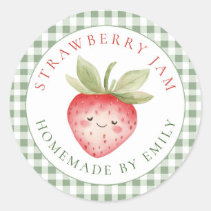 Gingham Bruiloftsfeest Cute Strawberry Jam Favor Ronde Sticker
