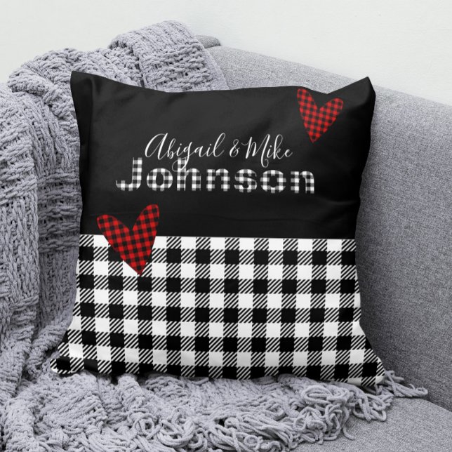 Gingham Buffalo Speciaal Zwart Rood Wit Kussen (Black, White, and Red Buffalo Check Pillow Personalized with Your Family Name)