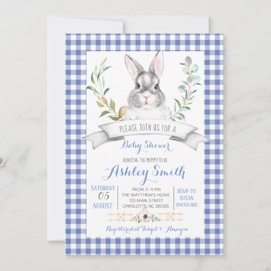 Gingham bunny baby shower-uitnodiging kaart (Voorkant)
