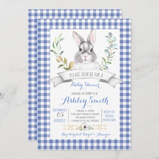 Gingham bunny baby shower-uitnodiging kaart (Voorkant / Achterkant)